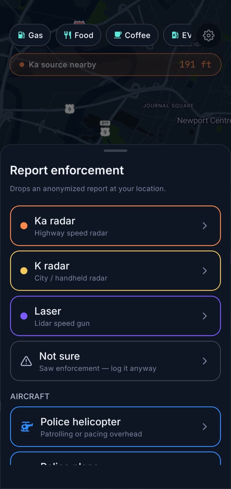The Kaltrix report sheet listing Ka radar, K radar, laser and aircraft options